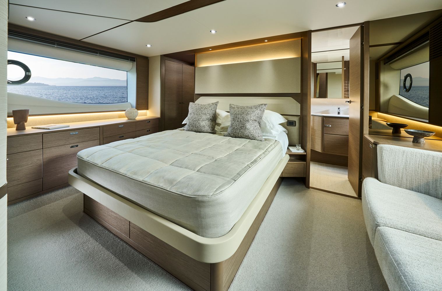 F58 Interior Owners Stateroom Bathroom Door Open Silver Oak
