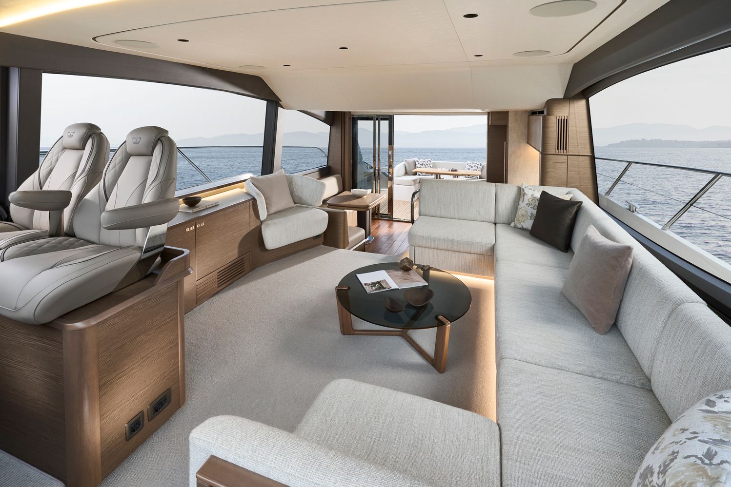 F58 Interior Saloon Looking Aft With Optional Chair Table Closed Silver Oak