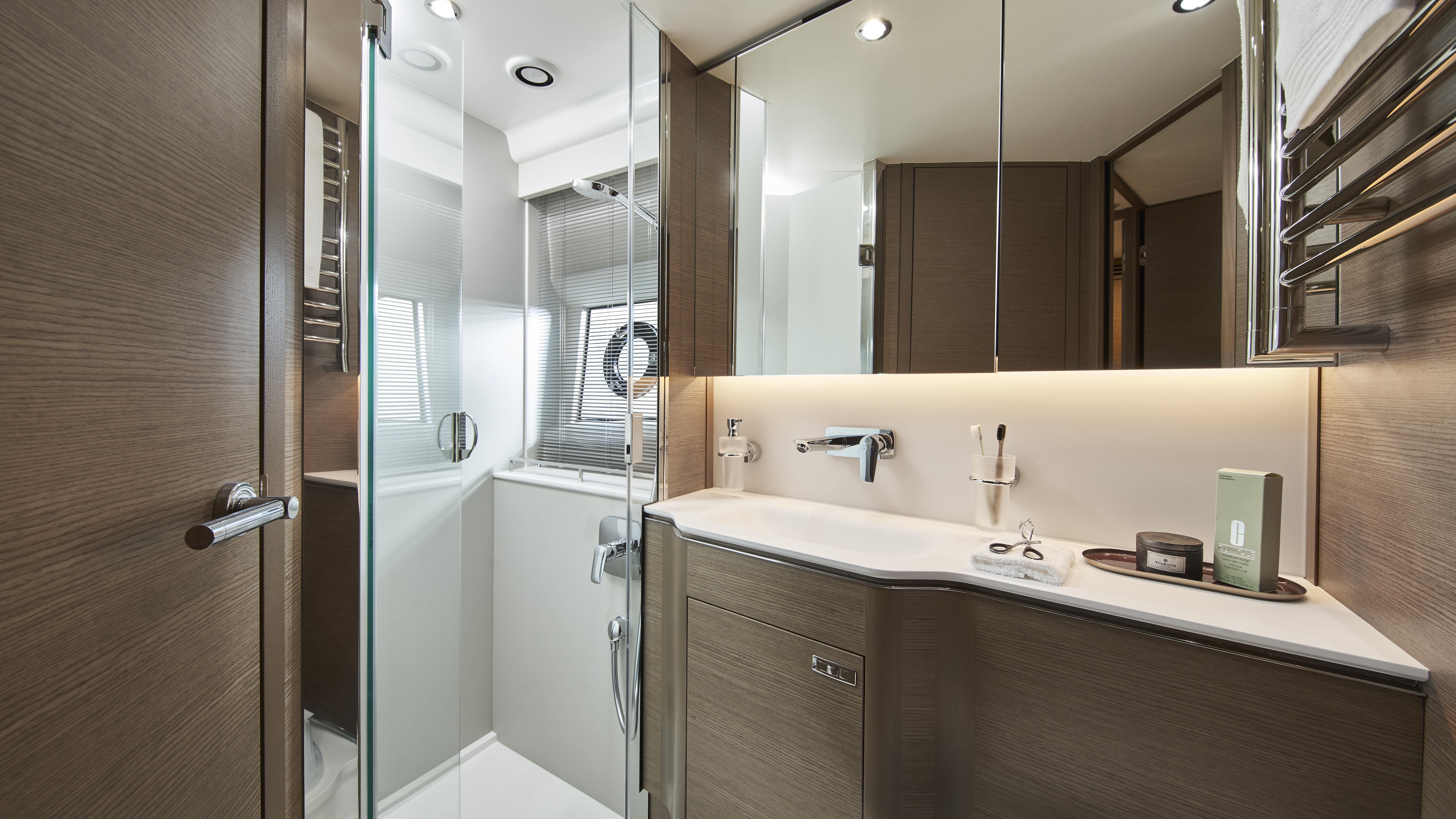 V55 Interior Forward Cabin Bathroom Silver Oak Satin