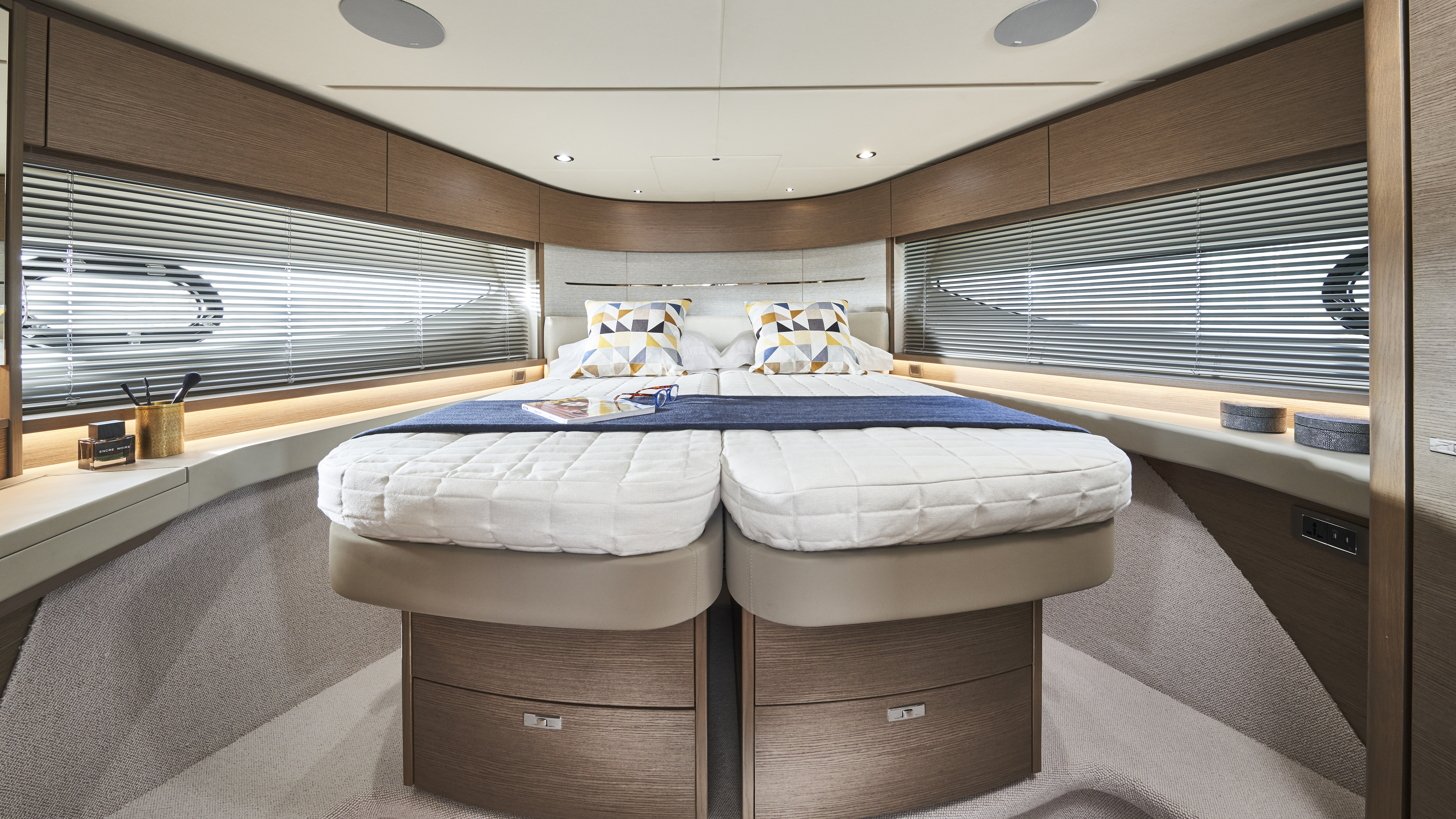 V55 Interior Forward Guest Cabin Double Bed Silver Oak Satin