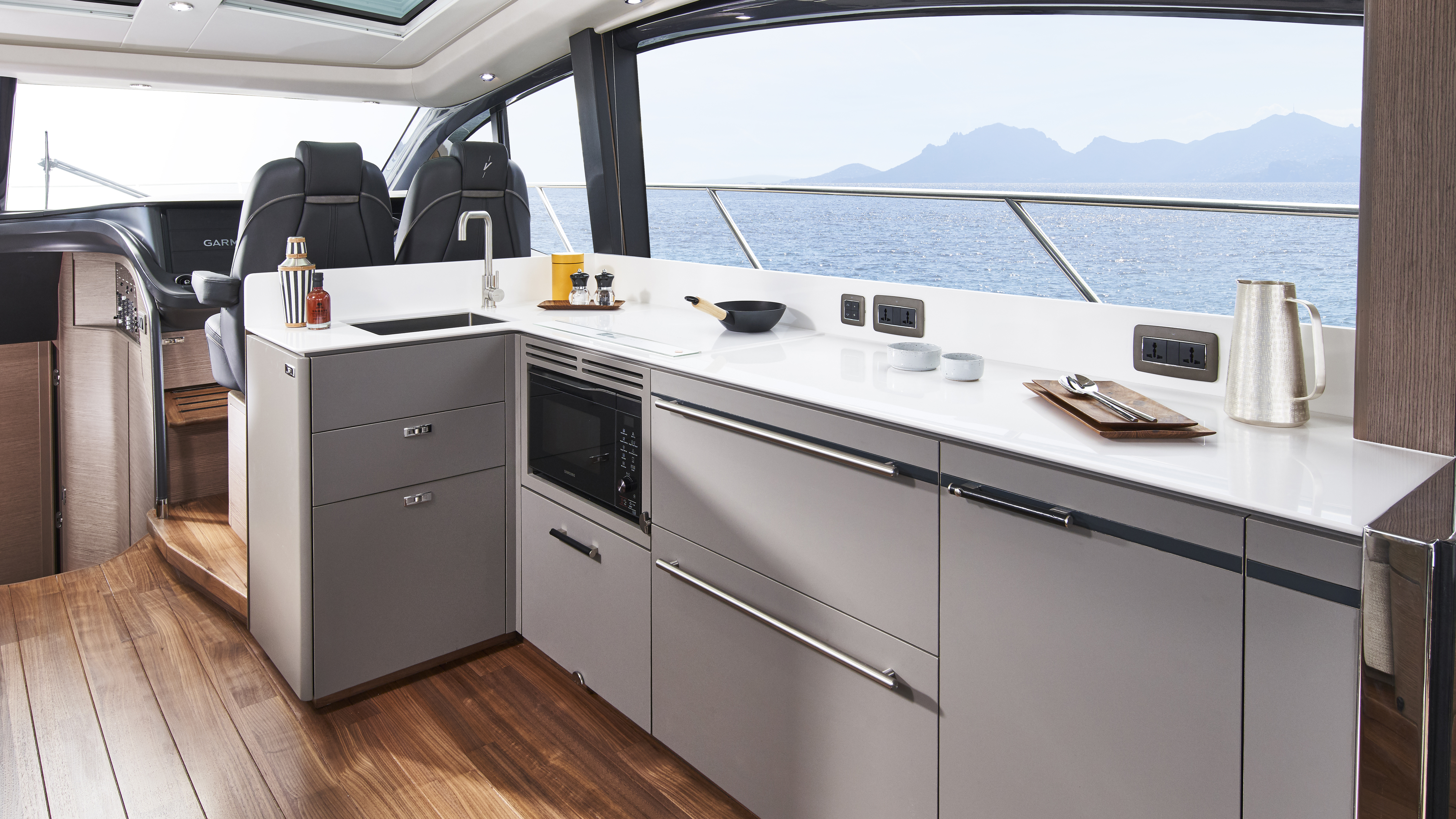 V55 Interior Galley Silver Oak Satin