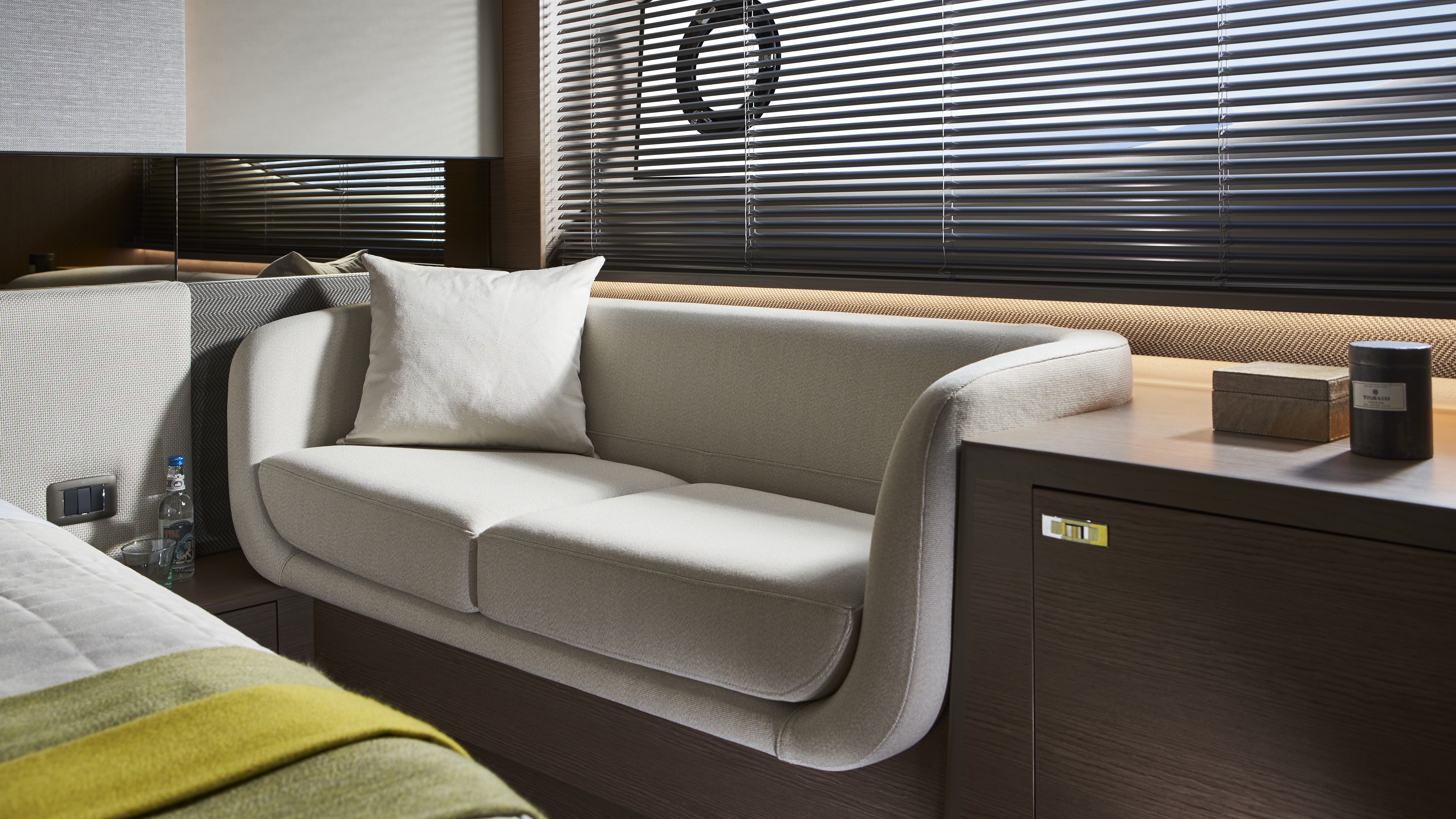 V55 Interior Owners Stateroom Sofa Silver Oak Satin
